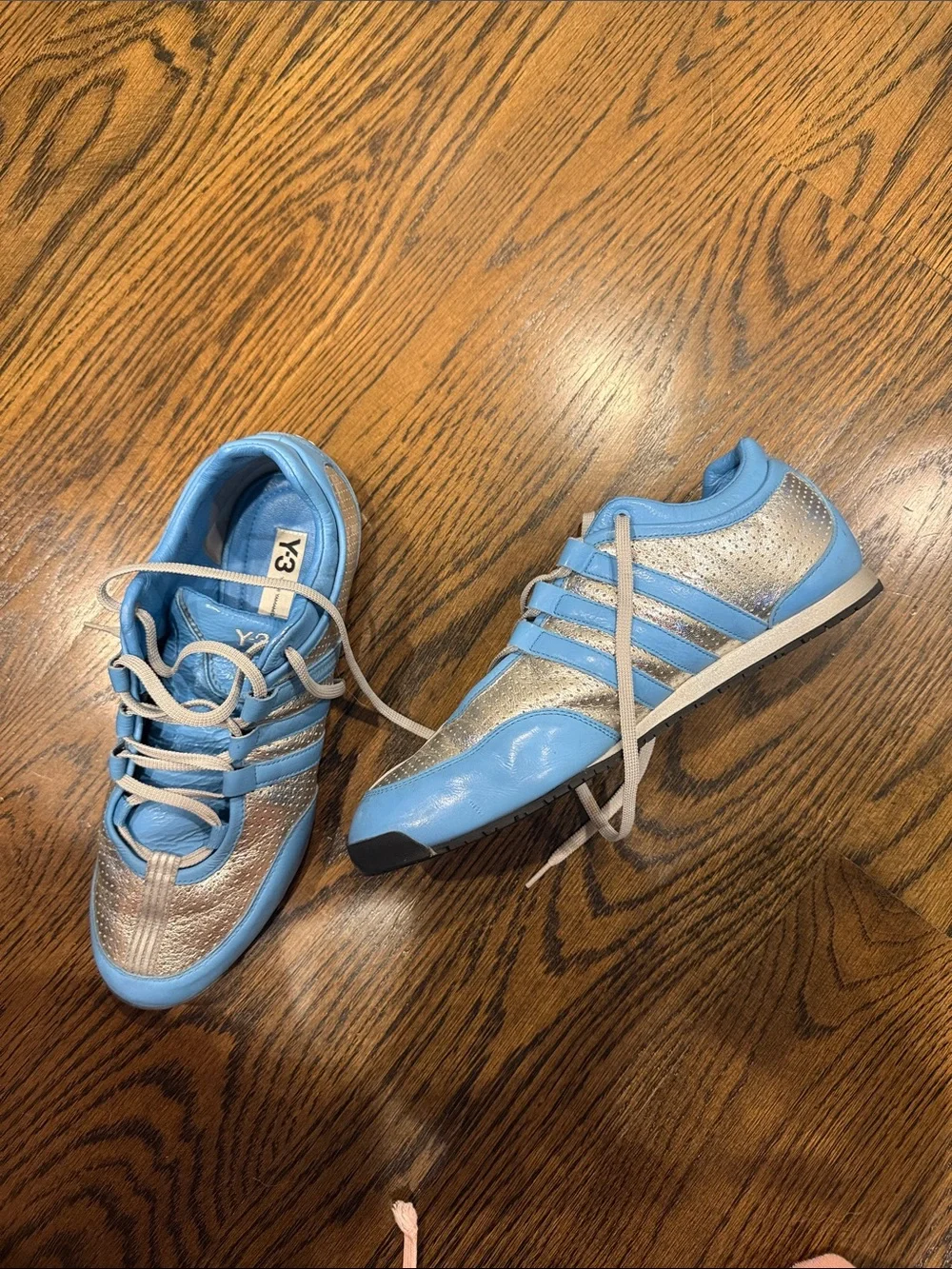 Y-3 Sky Blue and Metallic Silver Lace-Up Sneakers